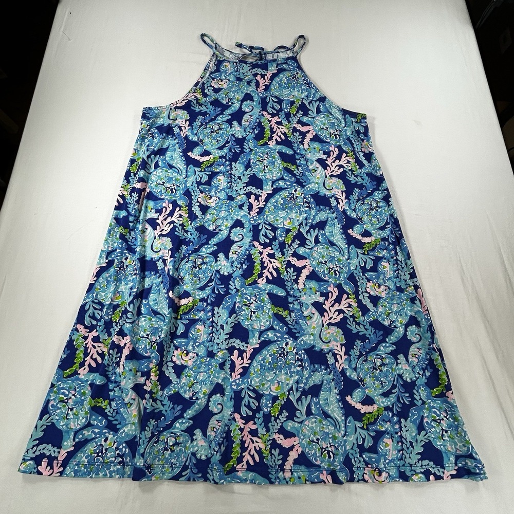 Lilly Pulitzer Margot Swing Dress M Turtle Ocean Blue Pink Tassel Pima Cotton